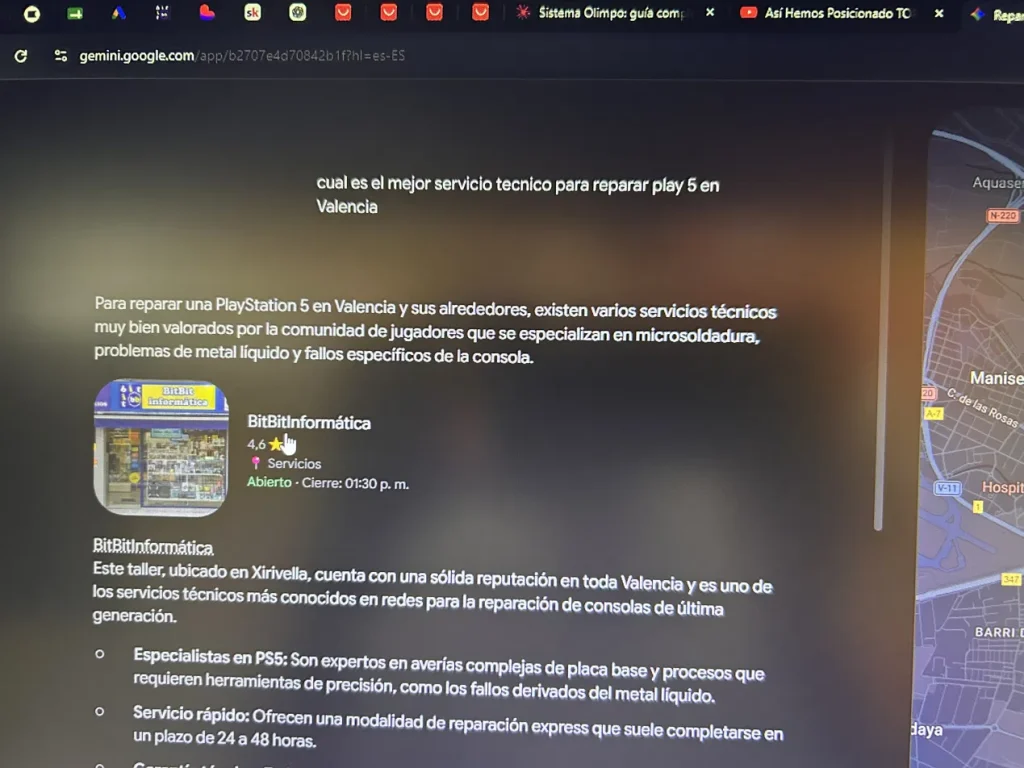 Captura de Google Gemini describiendo a BitBit Informática como servicio técnico especializado en reparación de PS5 en Valencia
